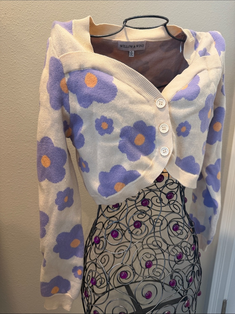 Willow & Wind Cream Cropped Cardigan with Lavender Floral Print